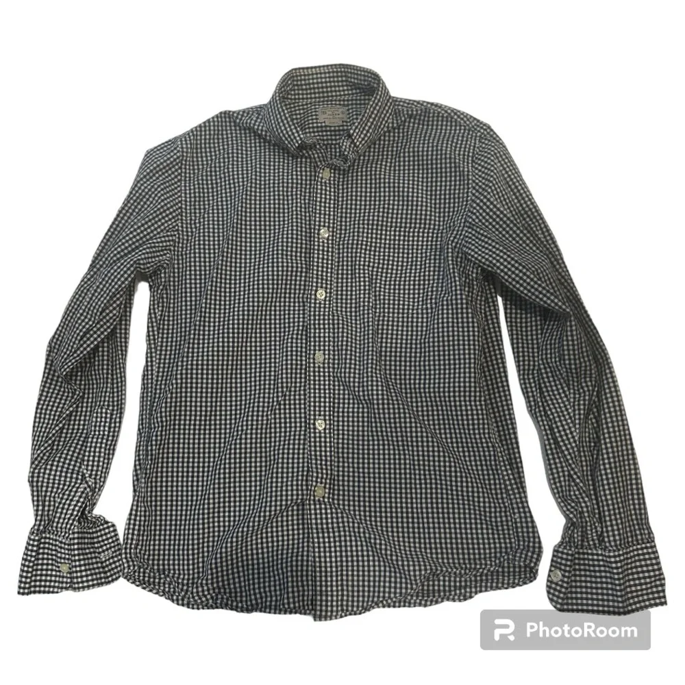 J Crew woven checkered navy white button down long sleeve shirt